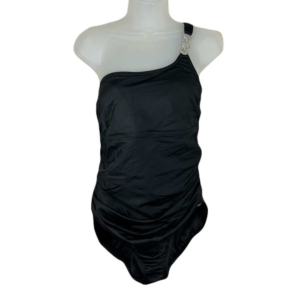 Lands End One Piece Swimsuit Size 16P Asymmetric Soft Cups Shirred Black Beachy